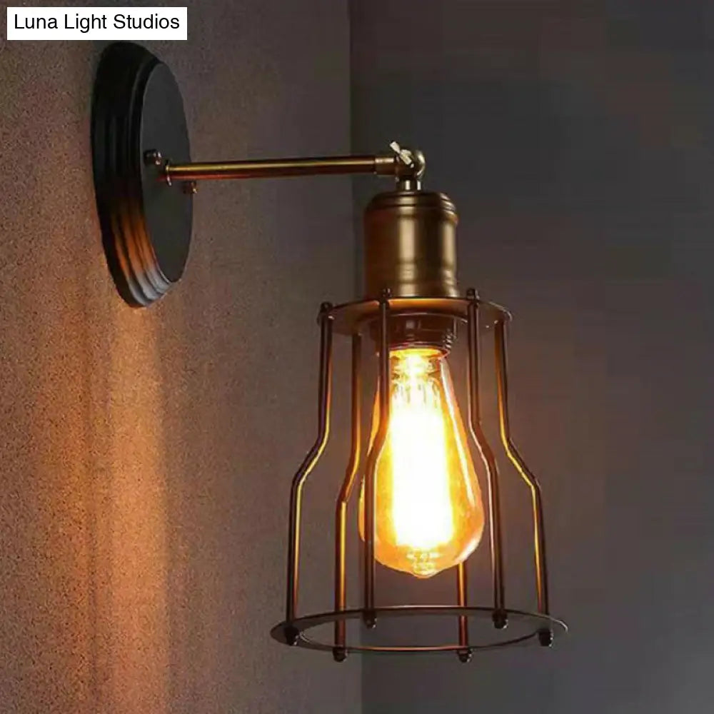 Industrial Black Metal Wall Lamp with Swivel Arm and Cage Shade -  - DINIBLO 