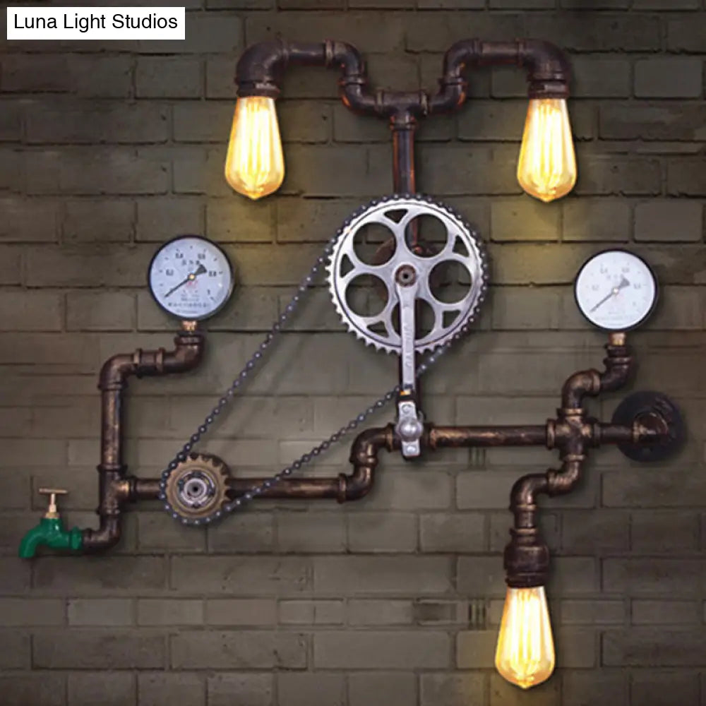 Industrial Bronze Pipe Wall Mount Light: 3-Head Restaurant Fixture with Sprocket Chain -  - DINIBLO 