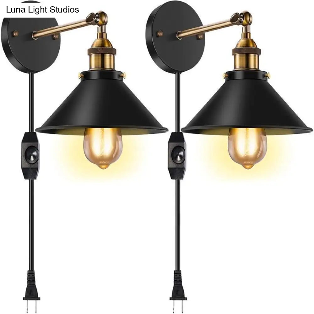 Industrial Conical Wall Light Sconce: Swivelable 1-Light Reading Lamp with Plug-in Cord -  - DINIBLO 