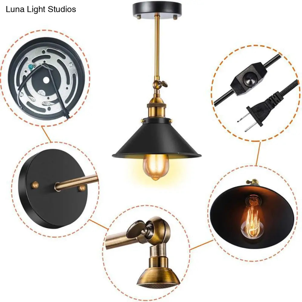 Industrial Conical Wall Light Sconce: Swivelable 1-Light Reading Lamp with Plug-in Cord -  - DINIBLO 