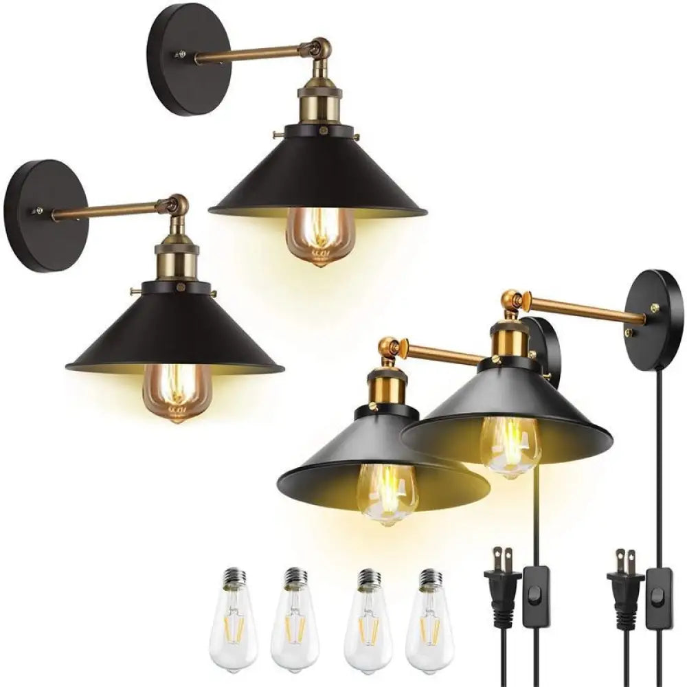 Industrial Conical Wall Light Sconce: Swivelable 1-Light Reading Lamp with Plug-in Cord -  - DINIBLO 