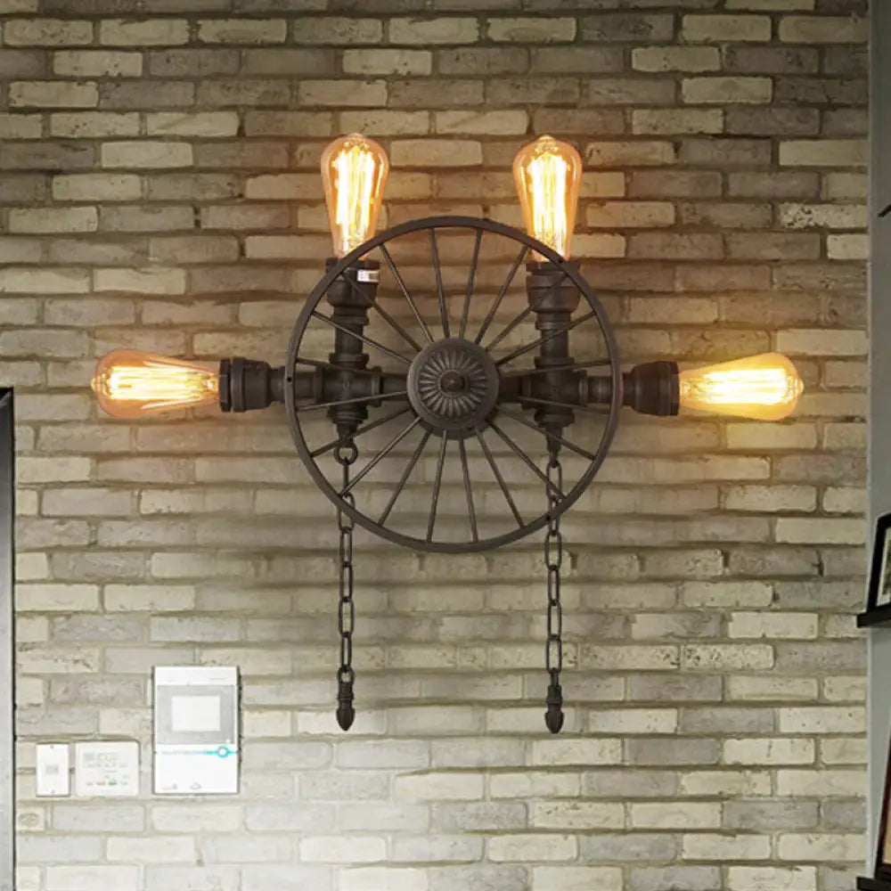 Industrial Iron Wheel Wall Mounted Sconce with Chain and Pipe - Black 1/4/5-Bulb Wall Light -  - DINIBLO 