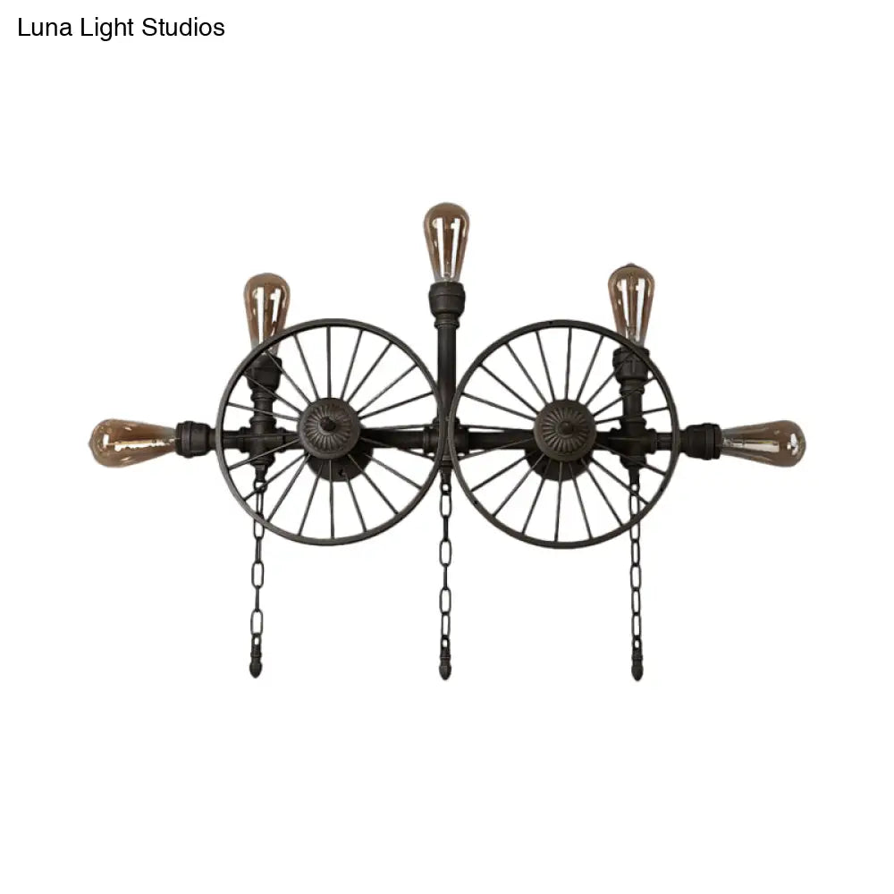 Industrial Iron Wheel Wall Mounted Sconce with Chain and Pipe - Black 1/4/5-Bulb Wall Light -  - DINIBLO 