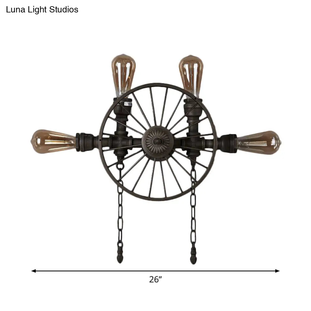 Industrial Iron Wheel Wall Mounted Sconce with Chain and Pipe - Black 1/4/5-Bulb Wall Light -  - DINIBLO 