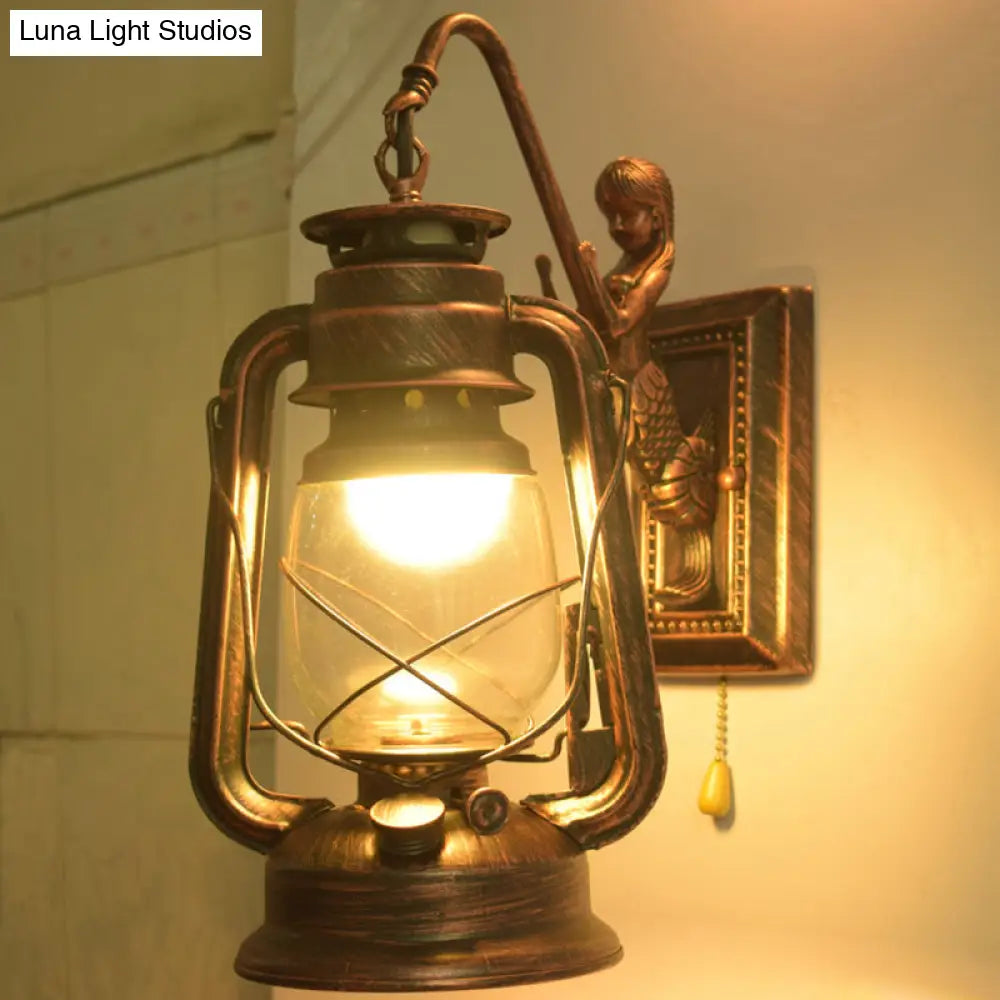 Industrial Kerosene Wall Lamp with Clear Glass and Mermaid Arm Pull Chain Sconce -  - DINIBLO 