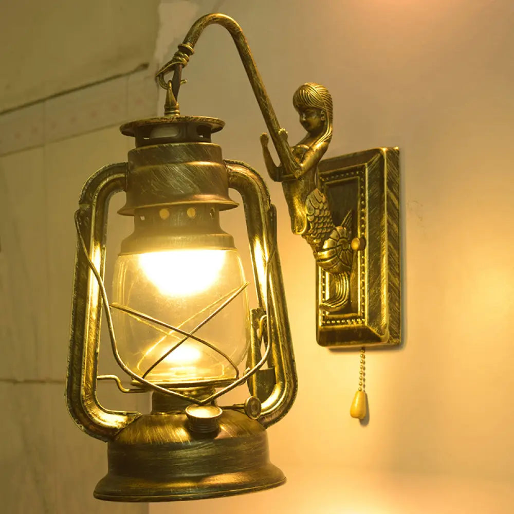 Industrial Kerosene Wall Lamp with Clear Glass and Mermaid Arm Pull Chain Sconce -  - DINIBLO 