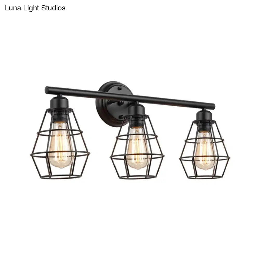 Industrial Linear Iron Wall Mounted Vanity Light with Clear Glass and Diamond Cage in Black - 3-Head Lamp -  - DINIBLO 