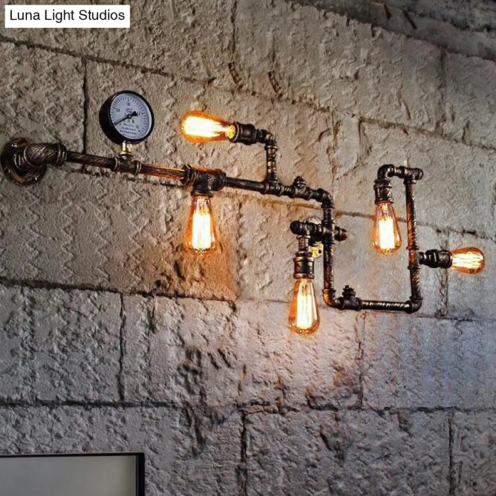 Industrial Metal Wall Lamp with 5 Lights and Water Gauge Deco - Perfect for Piping Restaurant Décor -  - DINIBLO 