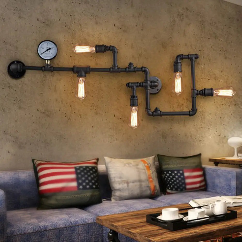 Industrial Metal Wall Lamp with 5 Lights and Water Gauge Deco - Perfect for Piping Restaurant Décor -  - DINIBLO 