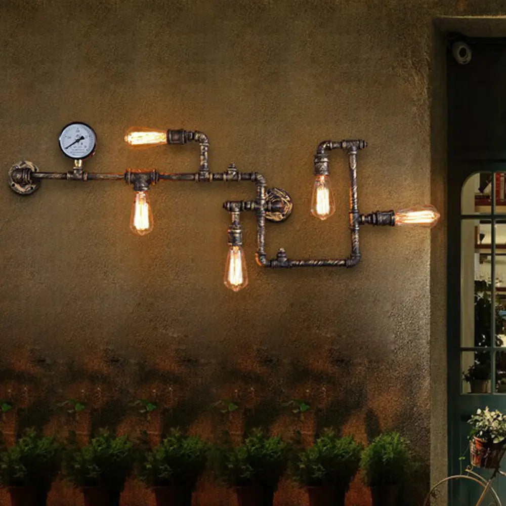 Industrial Metal Wall Lamp with 5 Lights and Water Gauge Deco - Perfect for Piping Restaurant Décor -  - DINIBLO 