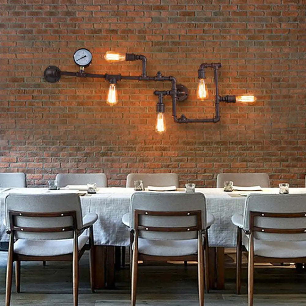 Industrial Metal Wall Lamp with 5 Lights and Water Gauge Deco - Perfect for Piping Restaurant Décor -  - DINIBLO 