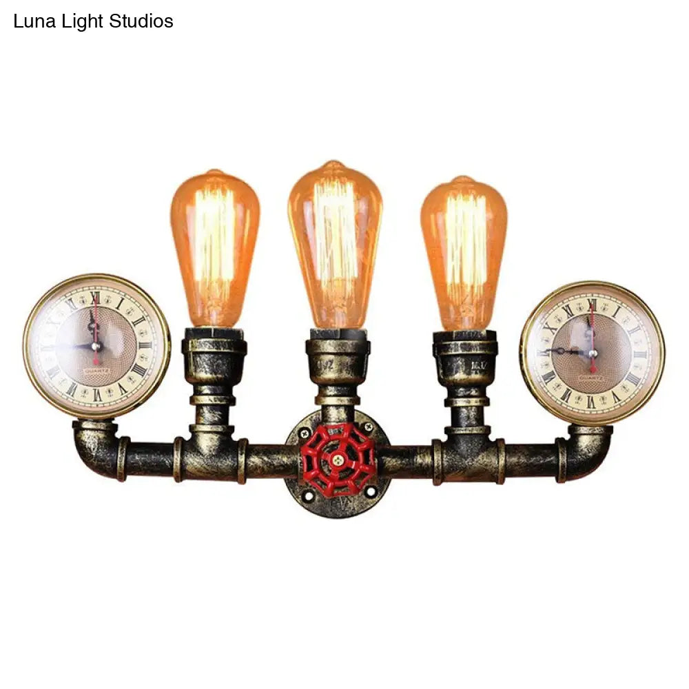 Industrial Wall Mount Light: Bronze Pipe Warehouse Style Iron 3-Light Dining Room Lamp with Pressure Gauge and Valve Deco -  - DINIBLO 