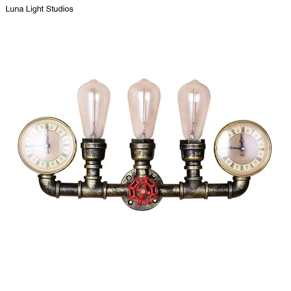 Industrial Wall Mount Light: Bronze Pipe Warehouse Style Iron 3-Light Dining Room Lamp with Pressure Gauge and Valve Deco -  - DINIBLO 