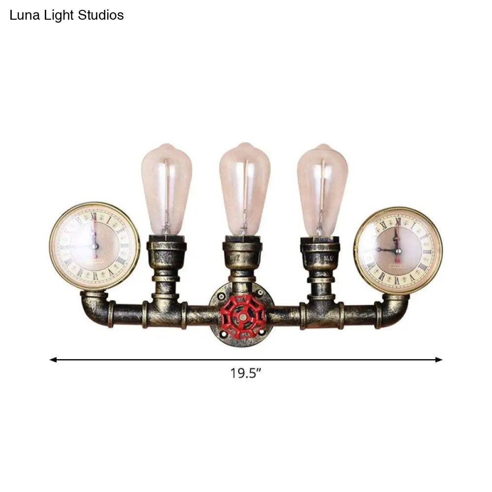 Industrial Wall Mount Light: Bronze Pipe Warehouse Style Iron 3-Light Dining Room Lamp with Pressure Gauge and Valve Deco -  - DINIBLO 