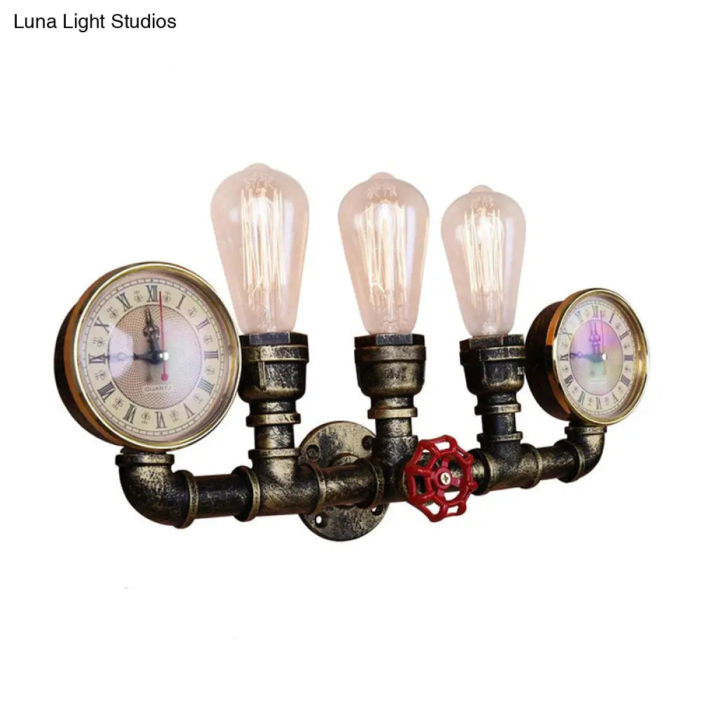 Industrial Wall Mount Light: Bronze Pipe Warehouse Style Iron 3-Light Dining Room Lamp with Pressure Gauge and Valve Deco -  - DINIBLO 