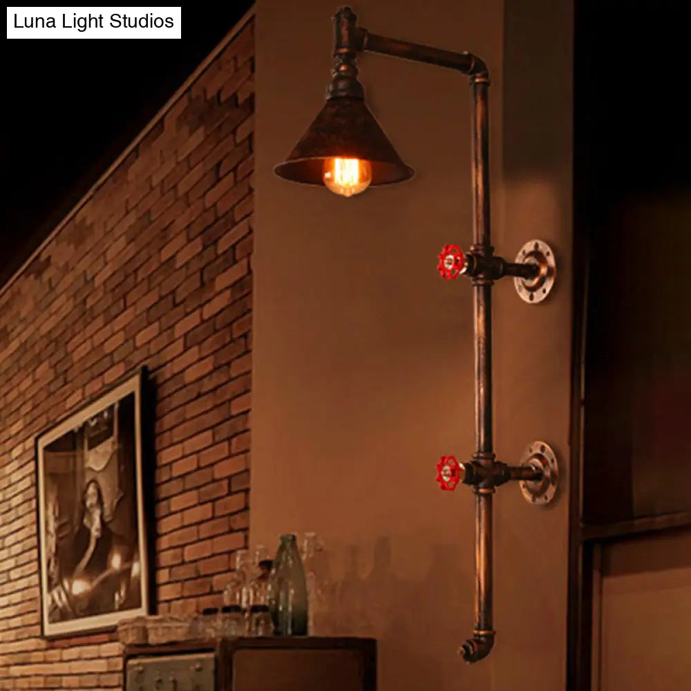 Iron Wall Light Kit - Industrial Single Cone Shade Wall Mount Lamp in Bronze with Valve and Bracket Design -  - DINIBLO 