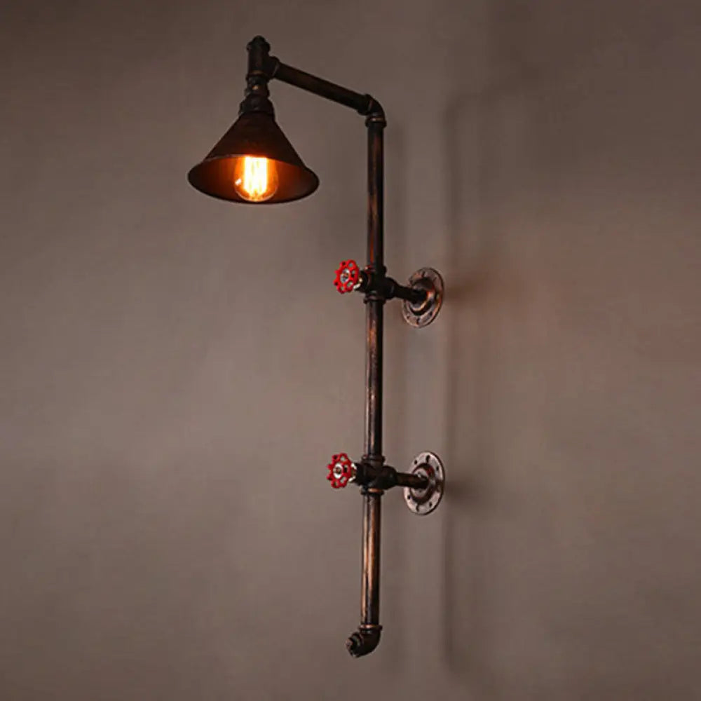 Iron Wall Light Kit - Industrial Single Cone Shade Wall Mount Lamp in Bronze with Valve and Bracket Design -  - DINIBLO 