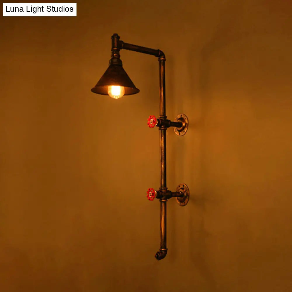 Iron Wall Light Kit - Industrial Single Cone Shade Wall Mount Lamp in Bronze with Valve and Bracket Design -  - DINIBLO 