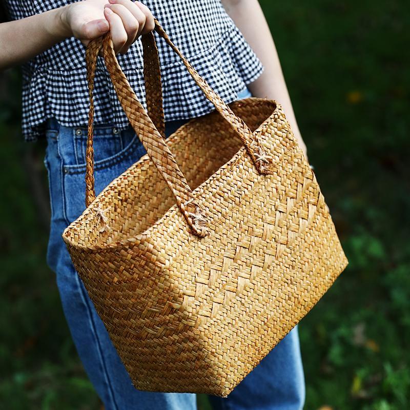 Farmhouse Large Handwoven Basket With Handle - Organization > Storage Containers > Storage Baskets & Bins & Boxes - DINIBLO 