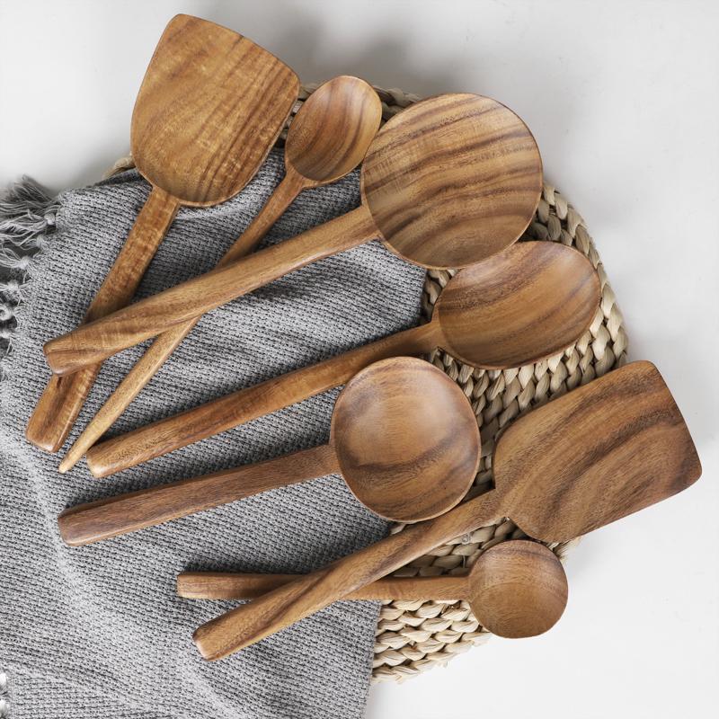 7-Piece Set Teak Wood Kitchen Spoons Utensils - Home Decor > Storage Containers > Cups & Bowls & Spoons - DINIBLO 