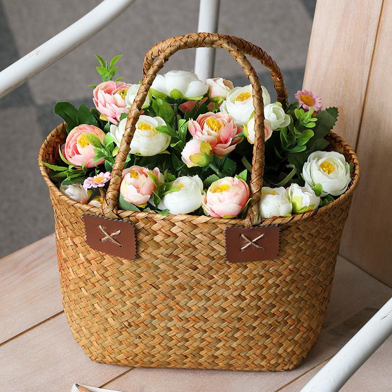 Rustic Natural Seagrass Woven Basket With Handle - Home Decor > Storage Containers > Storage Baskets & Bins & Boxes - DINIBLO 