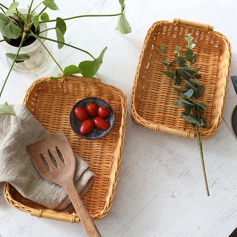 Rustic Round Rectangle Rattan Bread Serving Tray - Organization > Storage Containers > Storage Baskets & Bins & Boxes - DINIBLO 