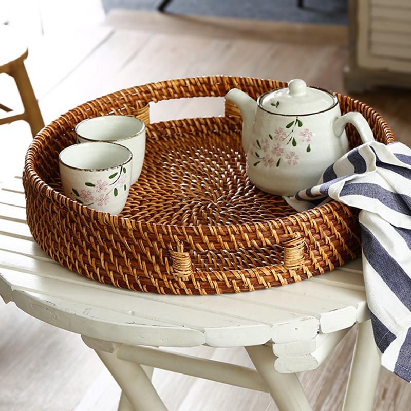 Rustic Round Wicker Rattan Basket Tray Serving Tray - Organization > Storage Containers > Storage Trays - DINIBLO 