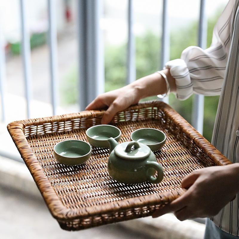 Natural Rectangular Plastic Serving Tray With Edges - Organization > Storage Containers > Storage Baskets & Bins & Boxes - DINIBLO 