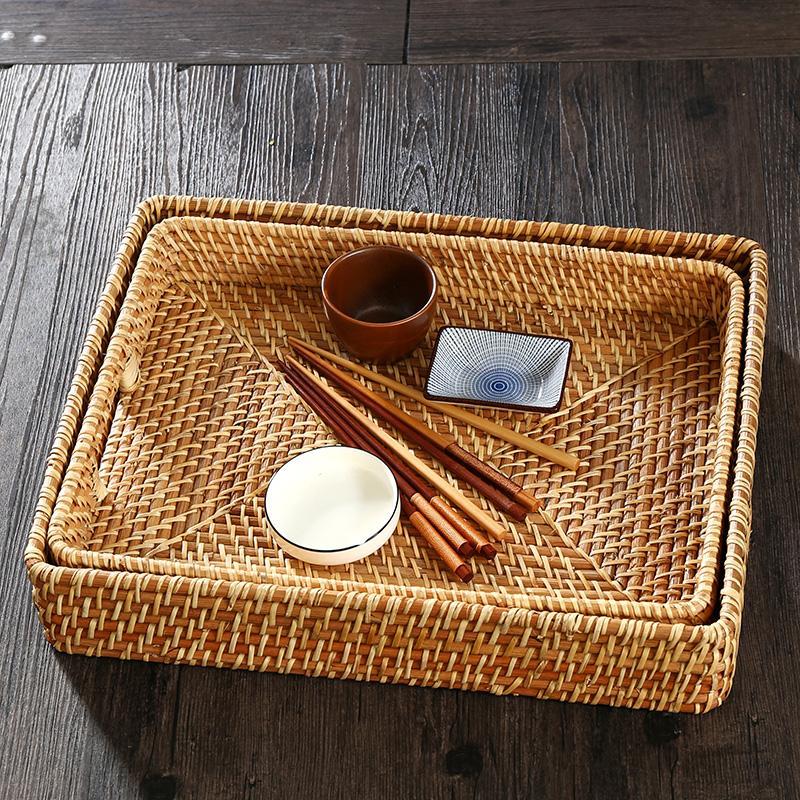 Rustic Rattan Serving Tray Food tray Cheese tray with Handle - Organization > Storage Containers > Storage Baskets & Bins & Boxes - DINIBLO 