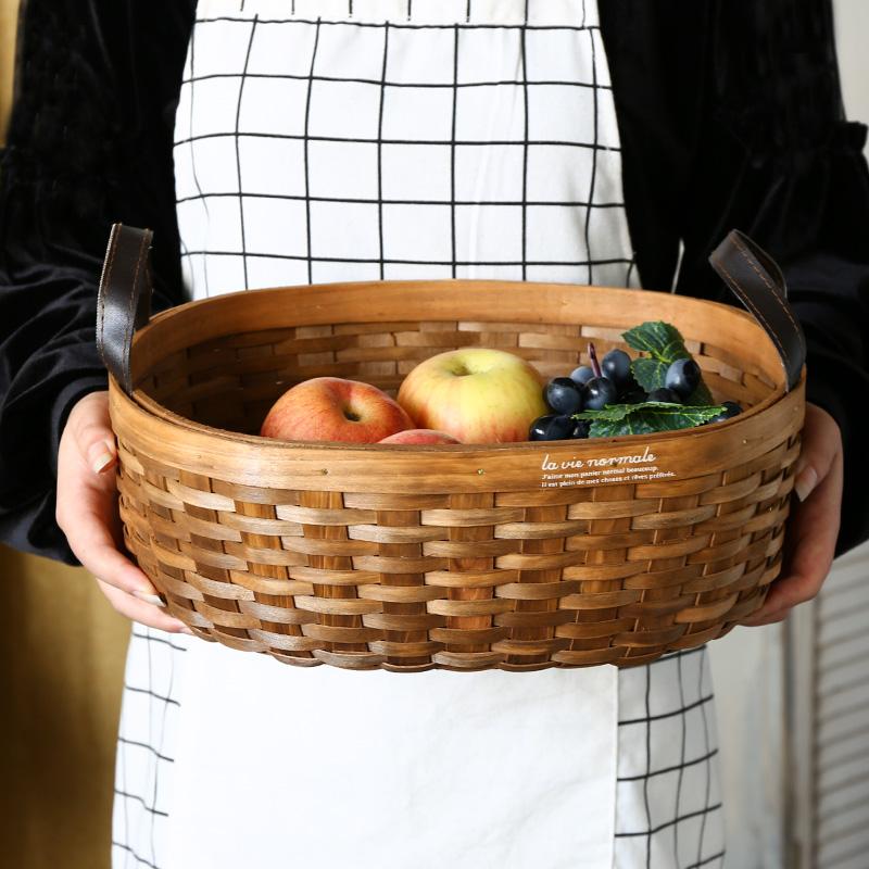 Rustic Semi-Oval Wood Fruit Basket with Handle - Organization > Storage Containers > Storage Baskets & Bins & Boxes - DINIBLO 