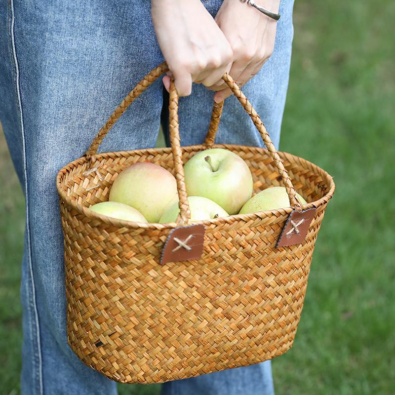 Rustic Natural Seagrass Woven Basket With Handle - Home Decor > Storage Containers > Storage Baskets & Bins & Boxes - DINIBLO 