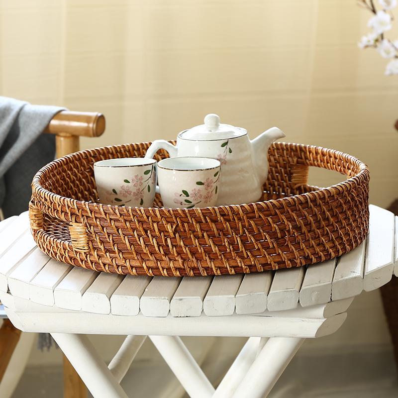 Rustic Round Wicker Rattan Basket Tray Serving Tray - Organization > Storage Containers > Storage Trays - DINIBLO 