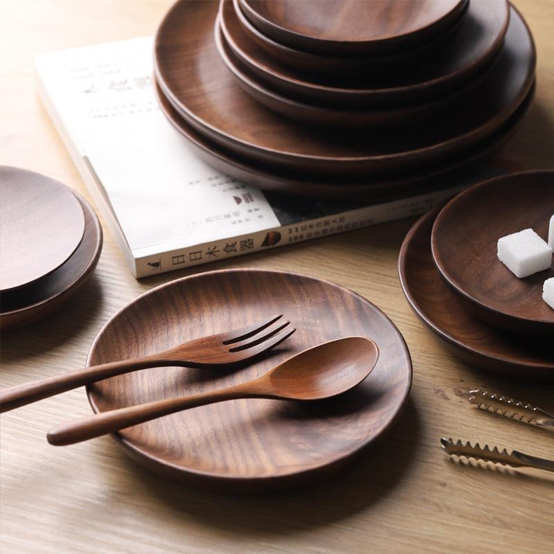 4-Piece Black Walnut Wooden Dinner Plate Sets - Home Decor > Storage Containers > Storage Trays - DINIBLO 