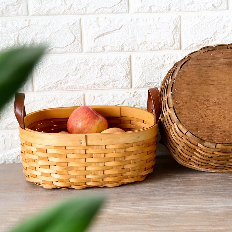 Rustic Semi-Oval Wood Fruit Basket with Handle - Organization > Storage Containers > Storage Baskets & Bins & Boxes - DINIBLO 