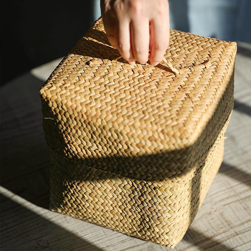 Rustic Natural Handwoven Square Box/Totes With Lid - Organization > Storage Containers > Storage Baskets & Bins & Boxes - DINIBLO 