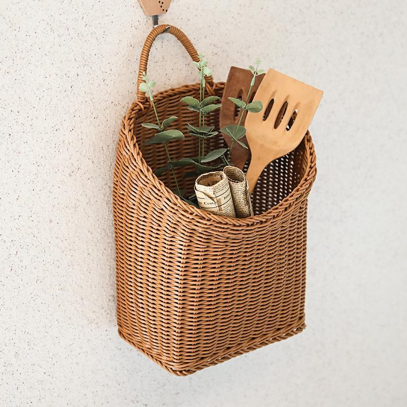 Wooden Hanging Plastic Storage Basket with Single Handle - Organization > Storage Containers > Storage Baskets & Bins & Boxes - DINIBLO 