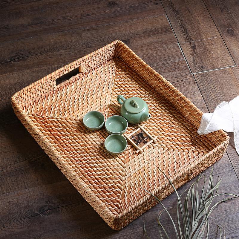 Rustic Rattan Serving Tray Food tray Cheese tray with Handle - Organization > Storage Containers > Storage Baskets & Bins & Boxes - DINIBLO 