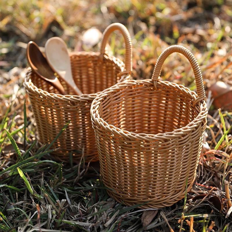 Tiny Brown Plastic Hanging Storage Basket with Single Handle - Organization > Storage Containers > Storage Baskets & Bins & Boxes - DINIBLO 