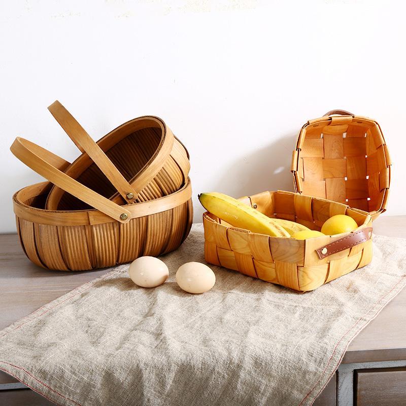 Wood Woven Fruit Basket with Handle - Organization > Storage Containers > Storage Baskets & Bins & Boxes - DINIBLO 