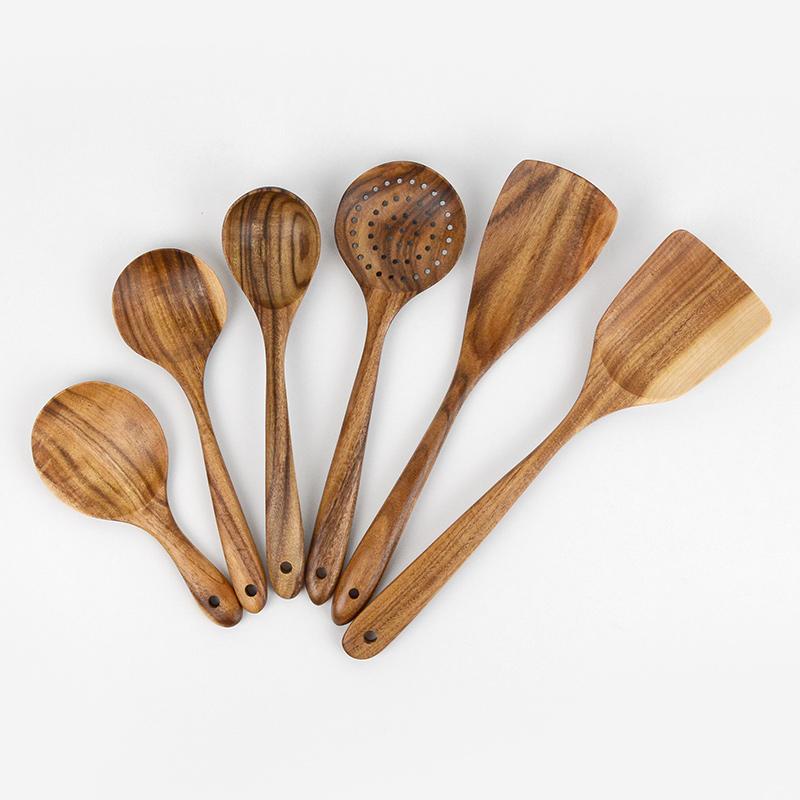 6-Piece Set Rustic Wood Cooking Utensils - Home Decor > Storage Containers > Cups & Bowls & Spoons - DINIBLO 