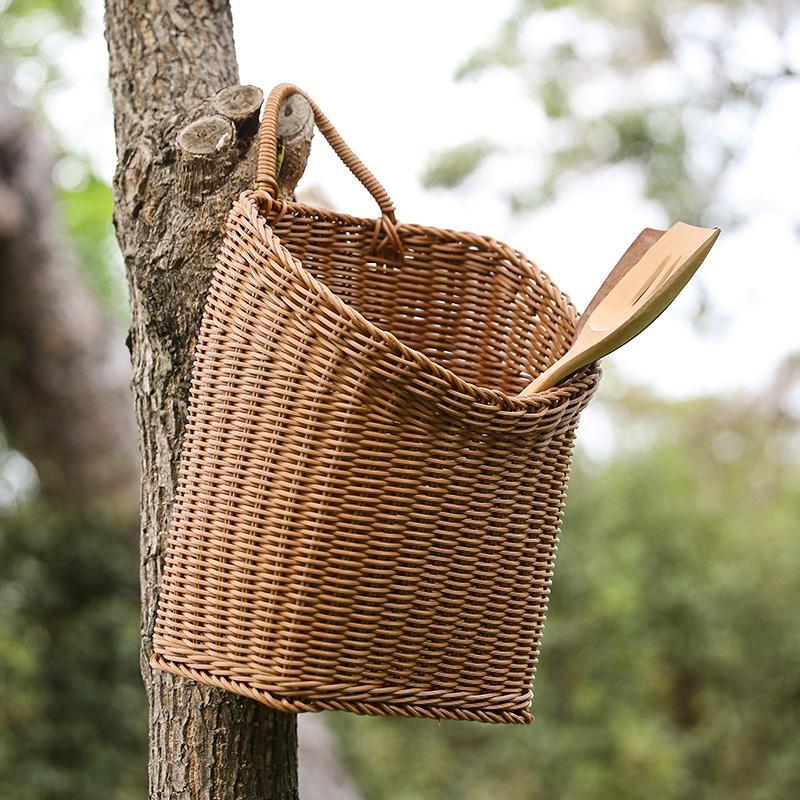 Wooden Hanging Plastic Storage Basket with Single Handle - Organization > Storage Containers > Storage Baskets & Bins & Boxes - DINIBLO 