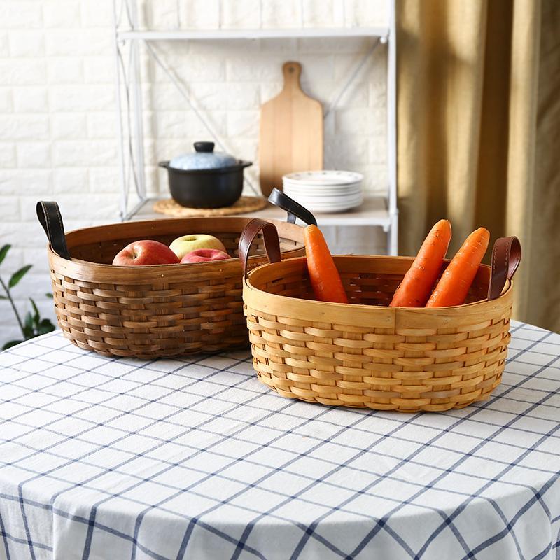 Rustic Semi-Oval Wood Fruit Basket with Handle - Organization > Storage Containers > Storage Baskets & Bins & Boxes - DINIBLO 