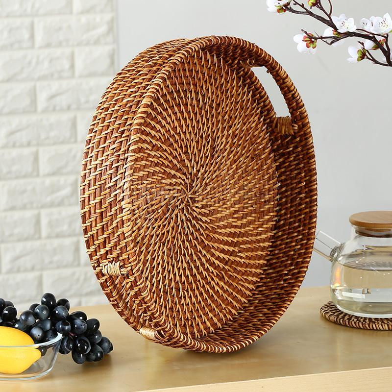 Rustic Round Wicker Rattan Basket Tray Serving Tray - Organization > Storage Containers > Storage Trays - DINIBLO 