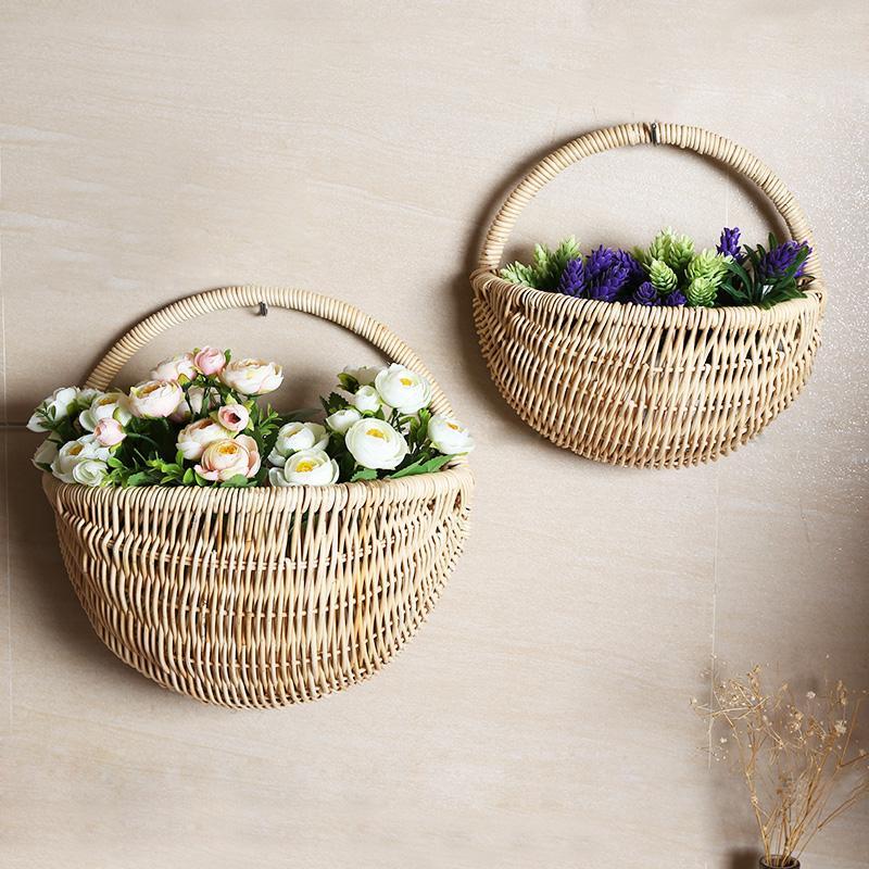 Farmhouse Rattan Hanging Wall Baskets with Handle - Organization > Storage Containers > Storage Baskets & Bins & Boxes - DINIBLO 