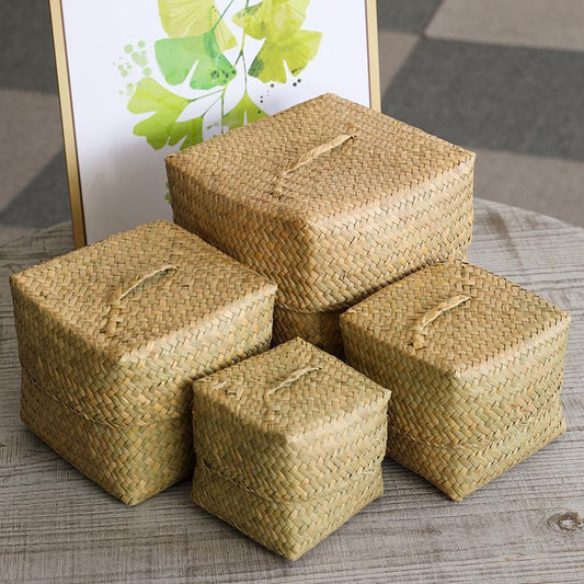 Rustic Natural Handwoven Square Box/Totes With Lid - Organization > Storage Containers > Storage Baskets & Bins & Boxes - DINIBLO 