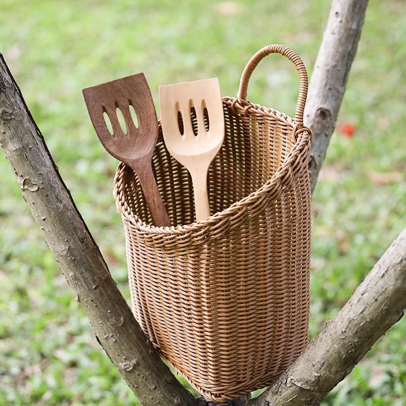 Wooden Hanging Plastic Storage Basket with Single Handle - Organization > Storage Containers > Storage Baskets & Bins & Boxes - DINIBLO 