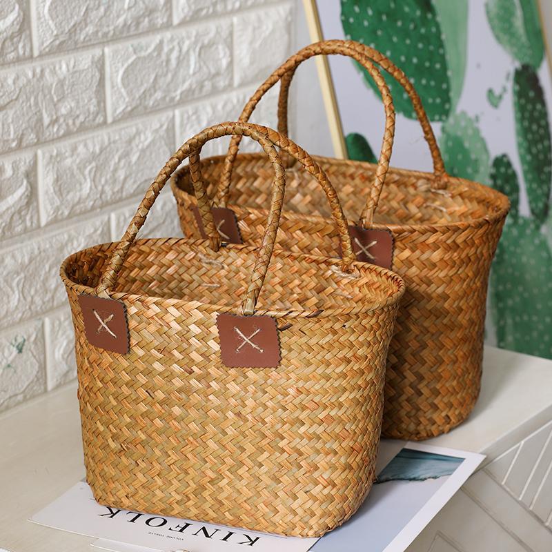 Rustic Natural Seagrass Woven Basket With Handle - Home Decor > Storage Containers > Storage Baskets & Bins & Boxes - DINIBLO 