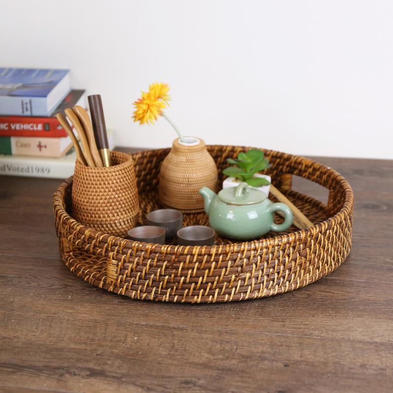 Rustic Round Wicker Rattan Basket Tray Serving Tray - Organization > Storage Containers > Storage Trays - DINIBLO 