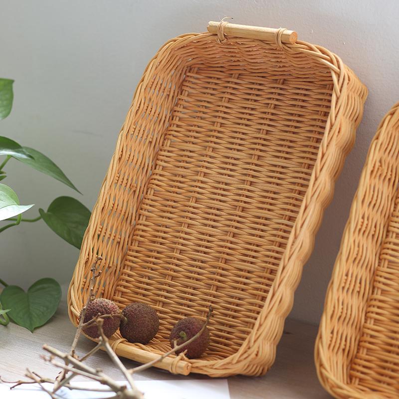 Rustic Round Rectangle Rattan Bread Serving Tray - Organization > Storage Containers > Storage Baskets & Bins & Boxes - DINIBLO 