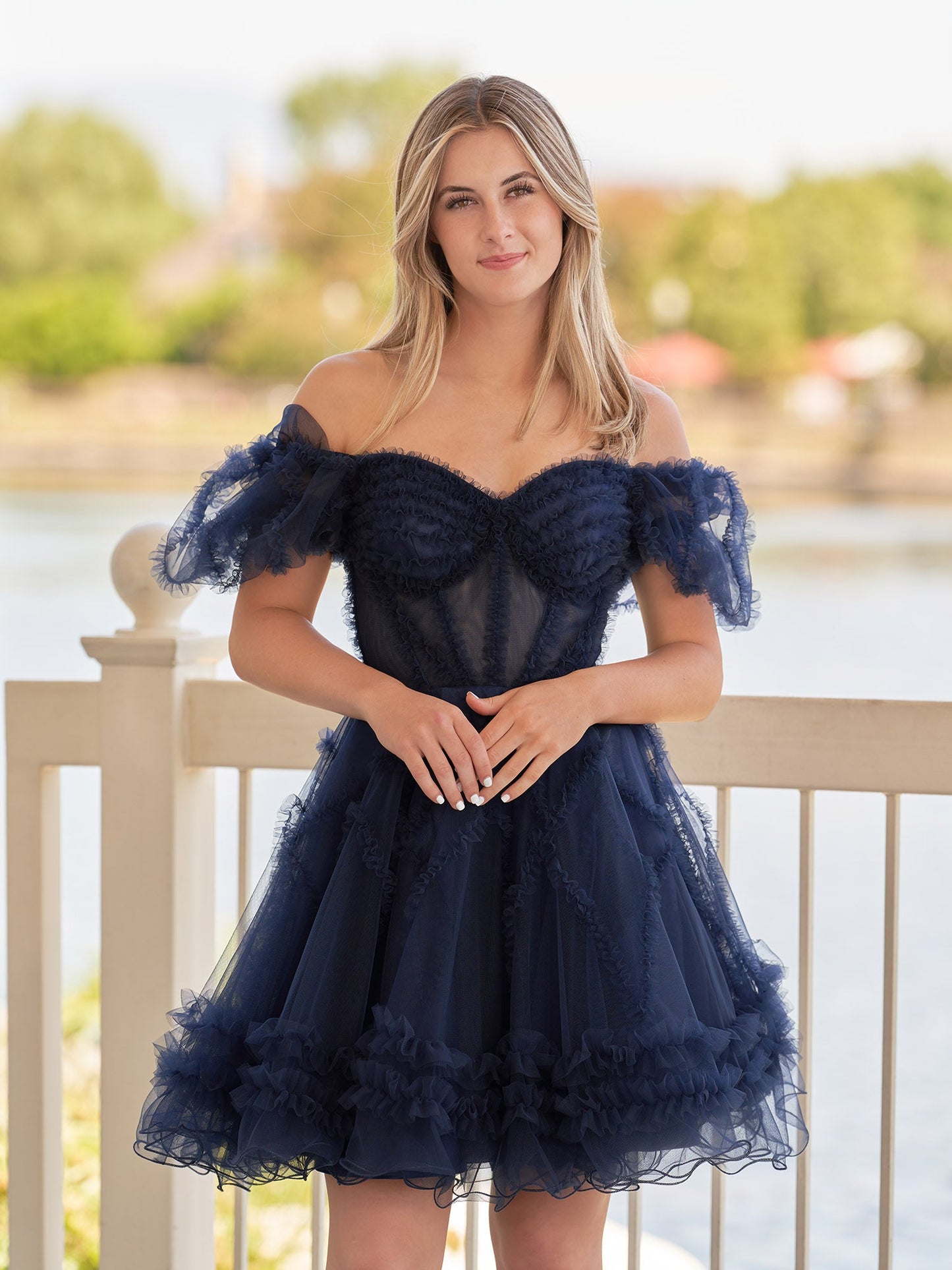 Naomi | A Line Sweetheart Puff Sleeves Short Homecoming Dress With Ruffles - Homecoming Dresses - DINIBLO 